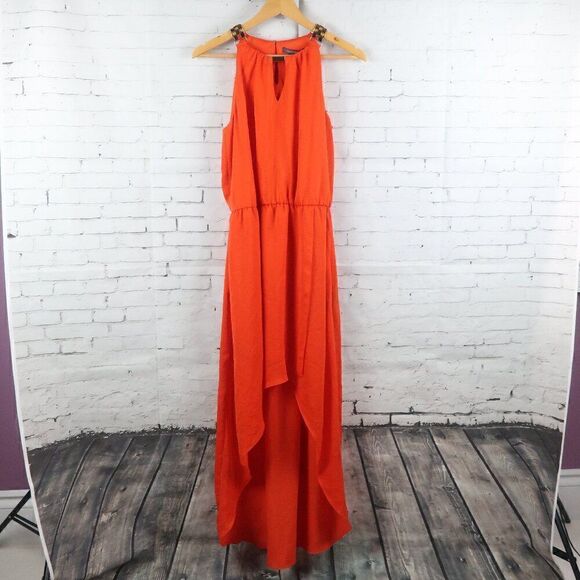 SUZY SHIER ORANGE HIGH HALTER NECK SLEEVELESS HI LOW DRESS SIZE SMALL NWT - Picture 1 of 10
